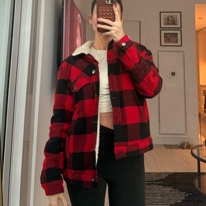 Love Tree Red and Black Plaid Teddy Jacket